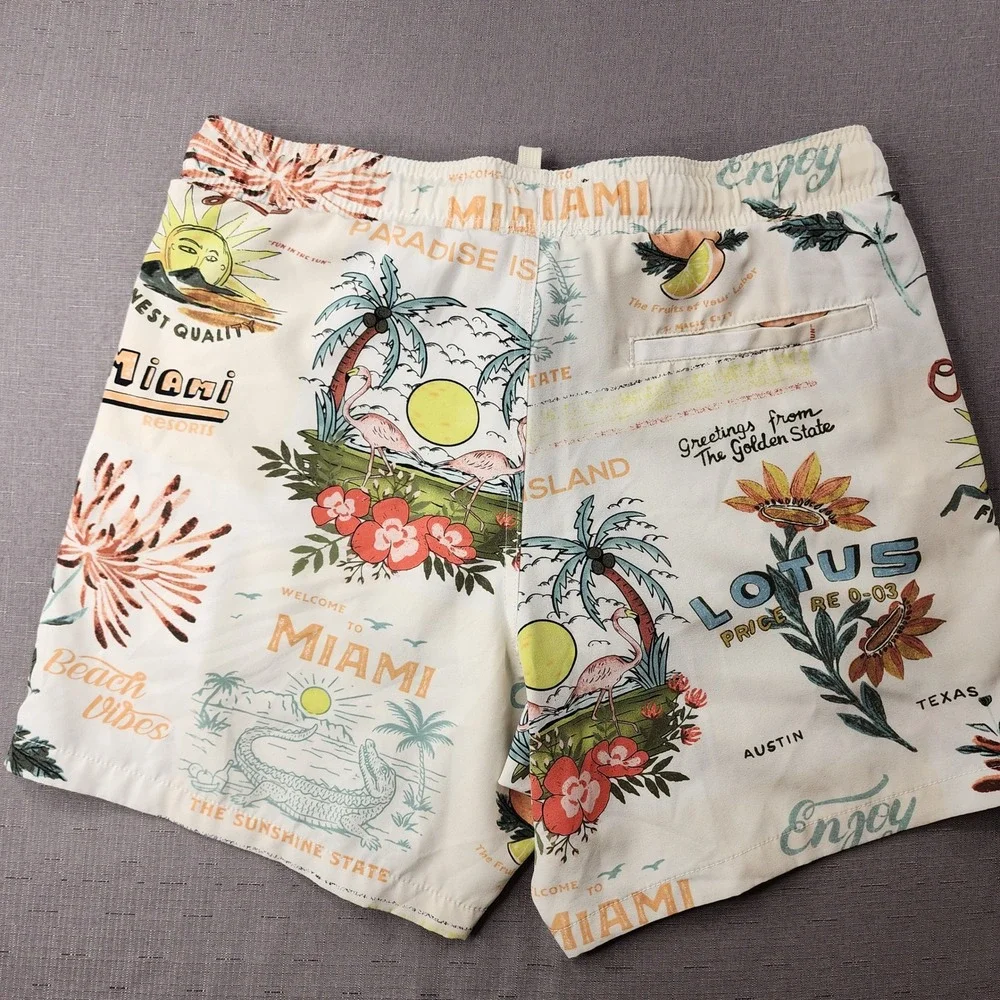 Malibu by Drill Clothing Co Mens Medium Swim Shorts Beach Postcard Print Resort
